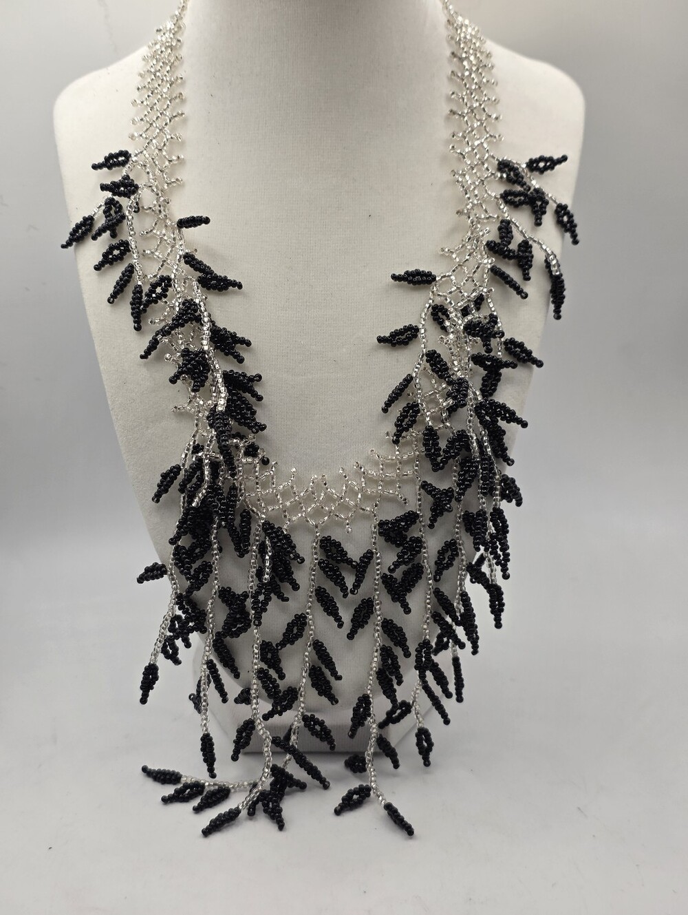 Vintage Seed Bead Woven Collar Statement Necklace Black Silver Fringe Waterfall